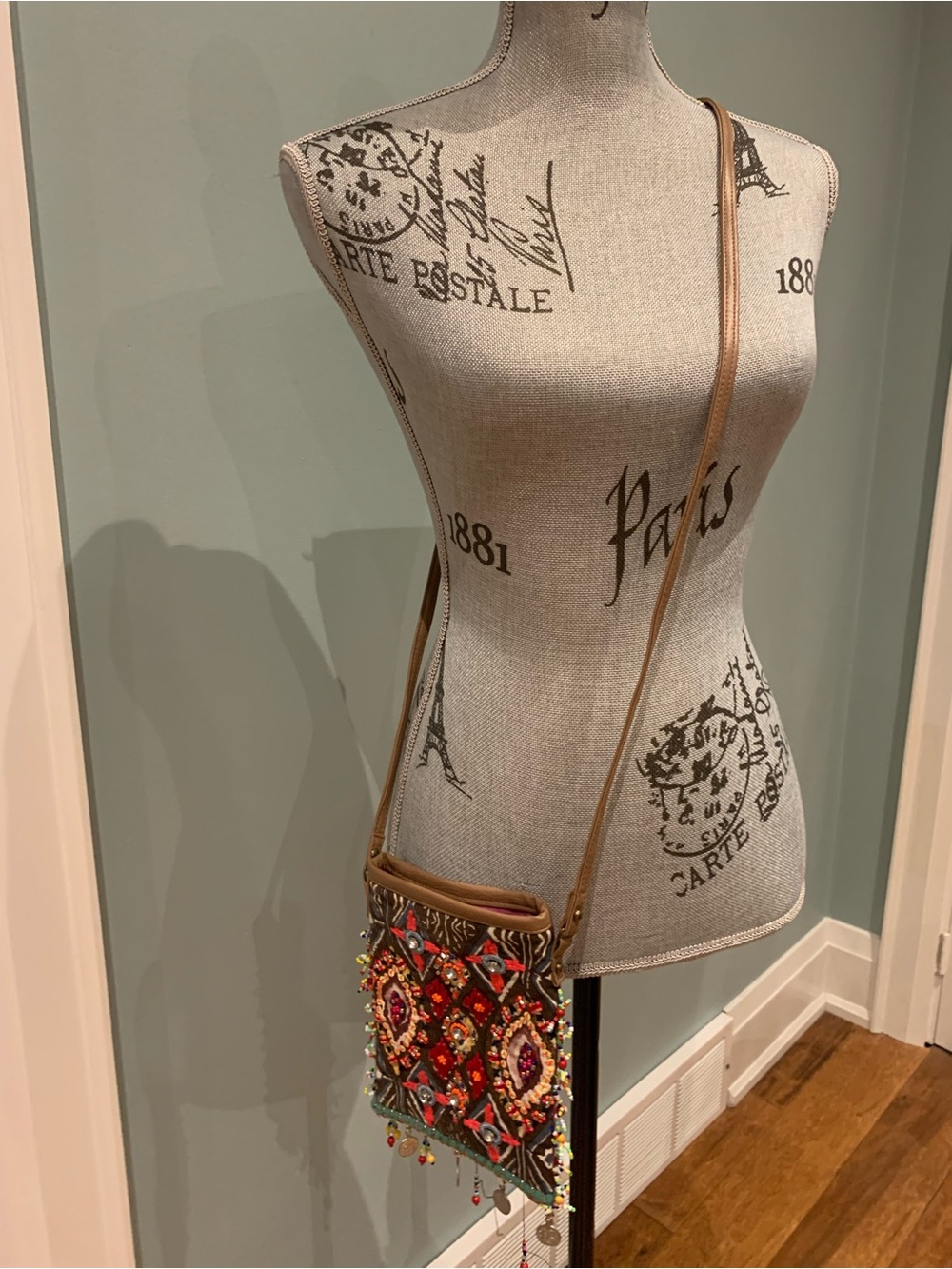 Charlie Paige Multicolor Beaded Embellished Crossbody with Tan Strap